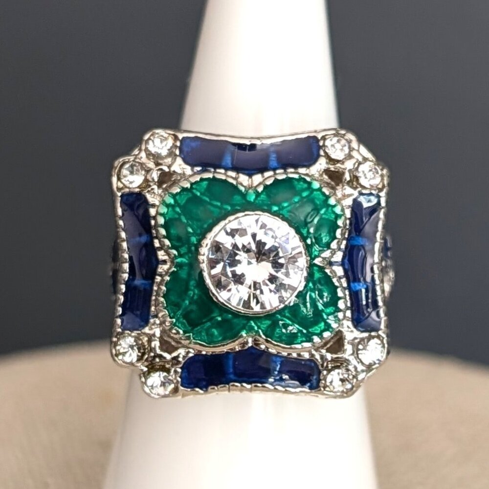 Art Deco sterling cz and enamel statement ring